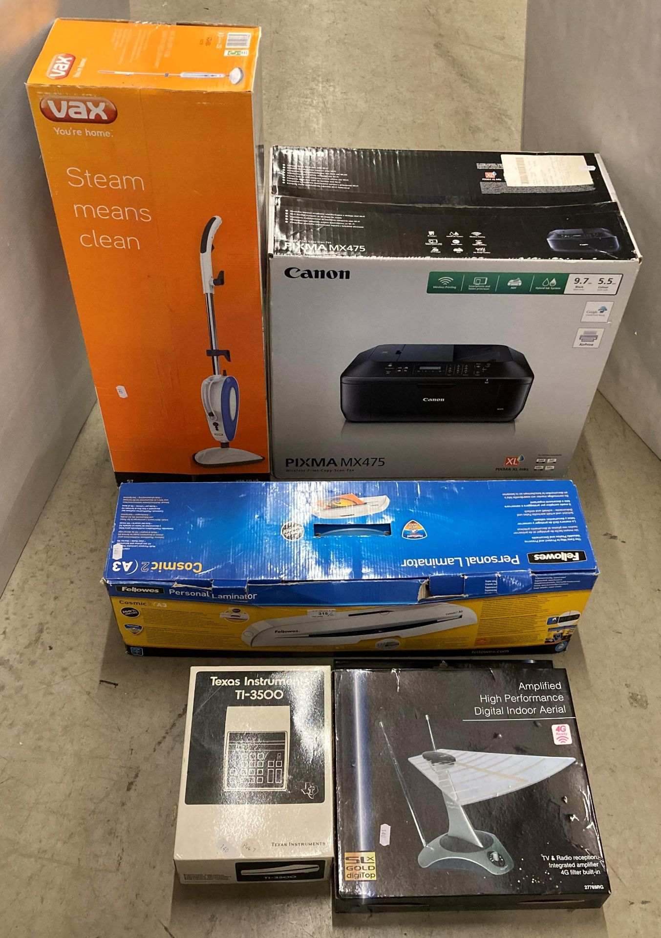 5 x assorted items - Cannon Pixma MX475 all-in-one printer, a Vax steam mop, a laminator,