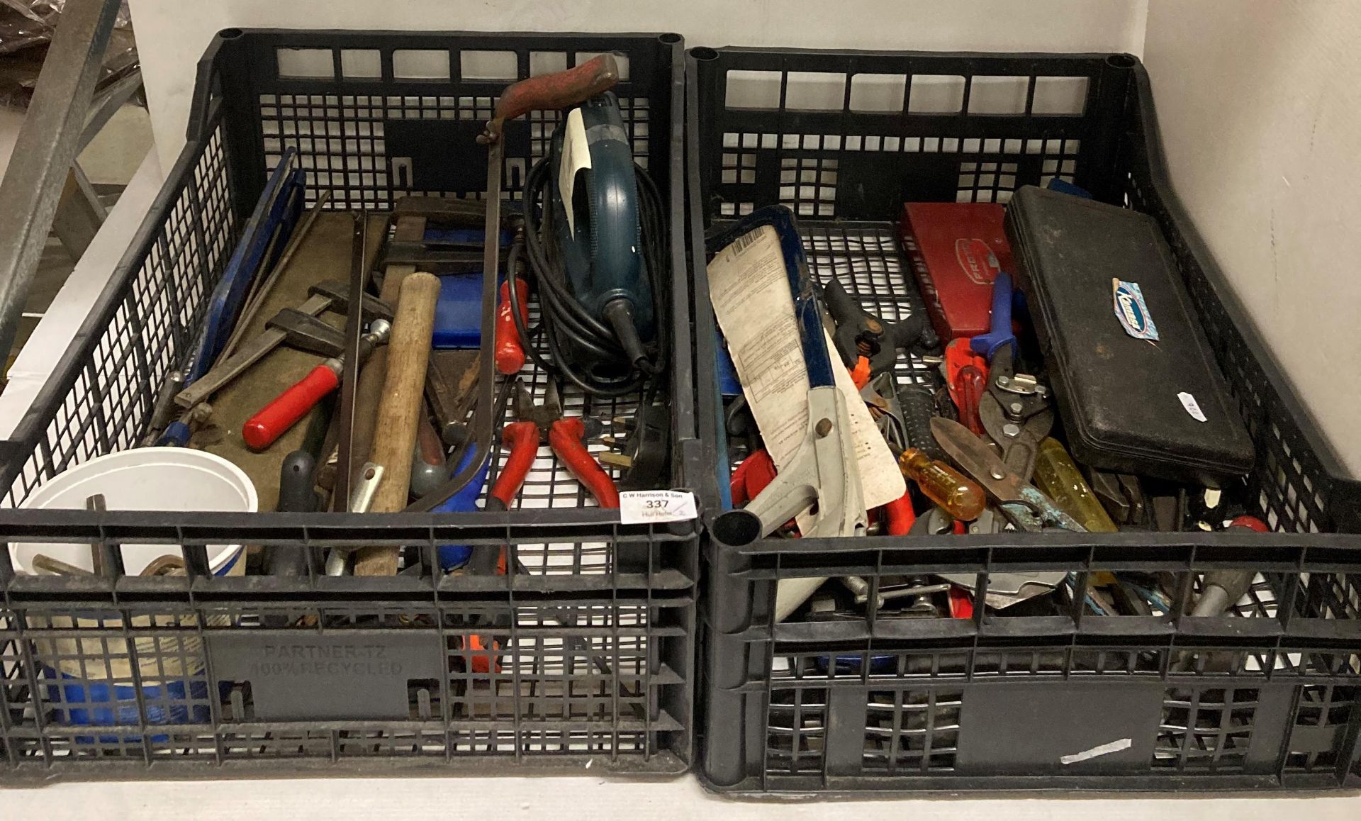 Contents to 2 x crates - assorted hand tools including Black & Decker jigsaw, clips, clamps, piers,