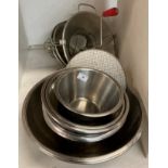 6 x Stainless steel colanders, large metal manual grinder,