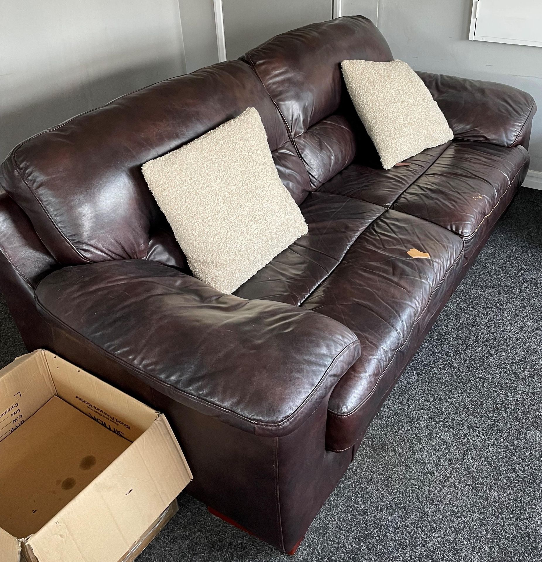 Brown leather three seater settee and two seater settee (beige cushions not included) (collection