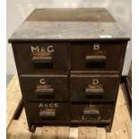 A vintage pine painted six drawer part cabinet (42 x 47 x 51cm) and assorted tools (saleroom