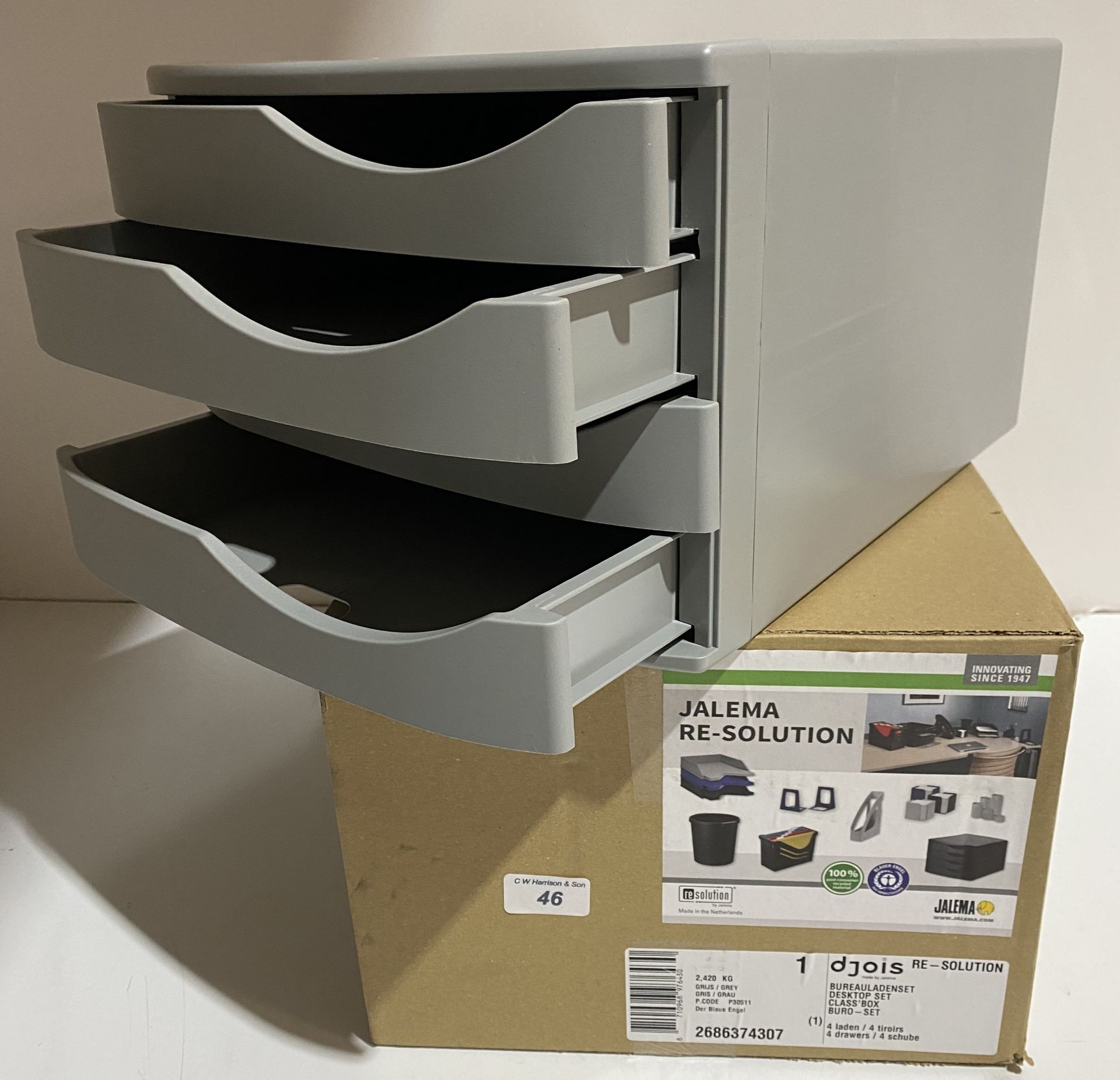 1 new boxed Jelema re-solution 4 drawer desk top cabinet set in grey