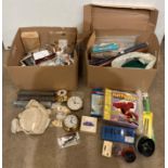 Contents to 2 x boxes - assorted clock parts/accessories, HSS router box set, mole saws, sand paper,
