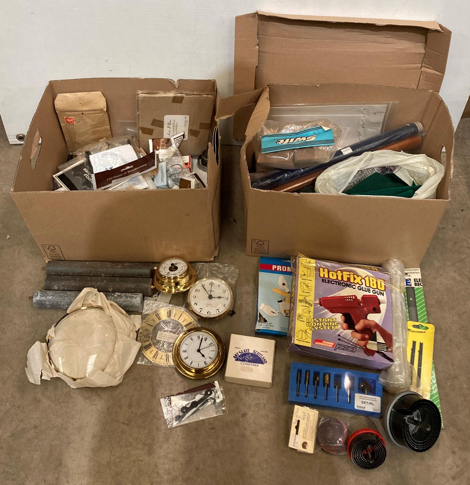 Contents to 2 x boxes - assorted clock parts/accessories, HSS router box set, mole saws, sand paper,