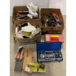 Contents to 3 x boxes - assorted hand tools including hammers, socket sets, spanners,