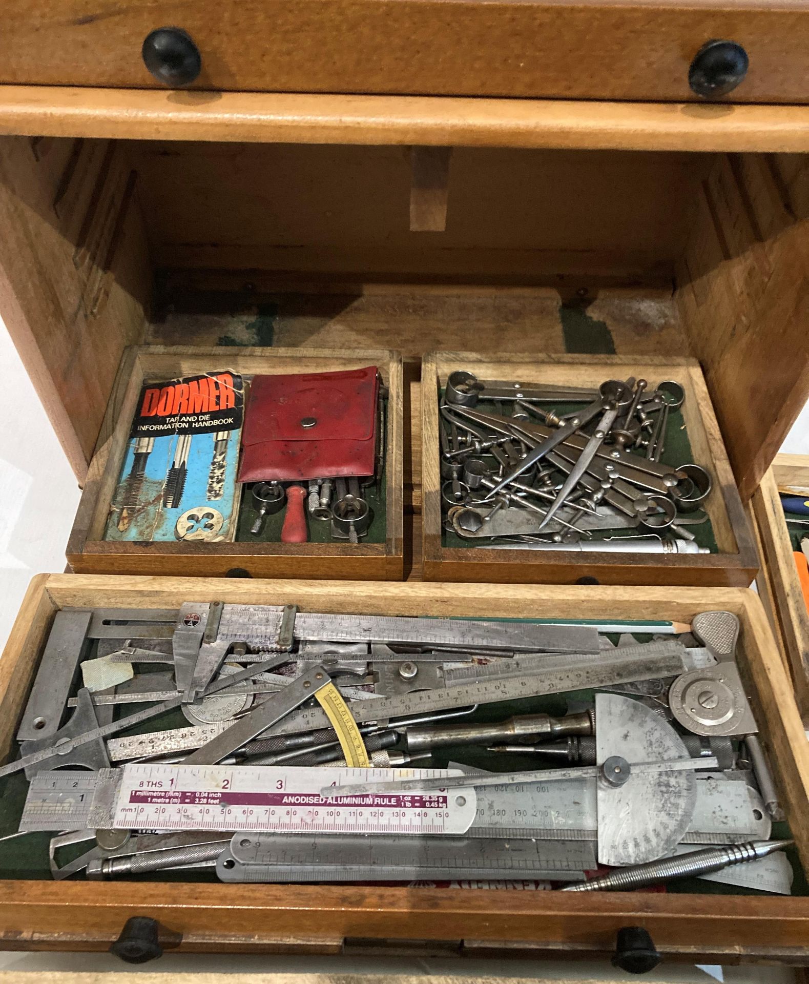 A wooden Moore & Wrights engineers' 7 drawer cabinet with pull-down (lockable - with key), - Image 2 of 6