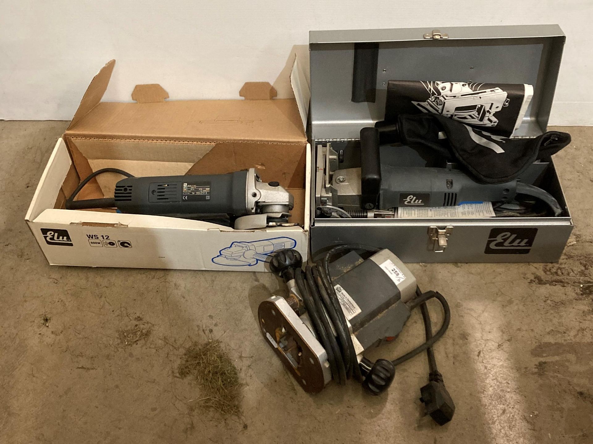 Three Elm power-tools (240v) including flat dowel joiner/biscuit cutter (MBR100) in metal case,