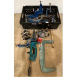Contents to crate - assorted clamps including G-clamps, corner clamps, vices,