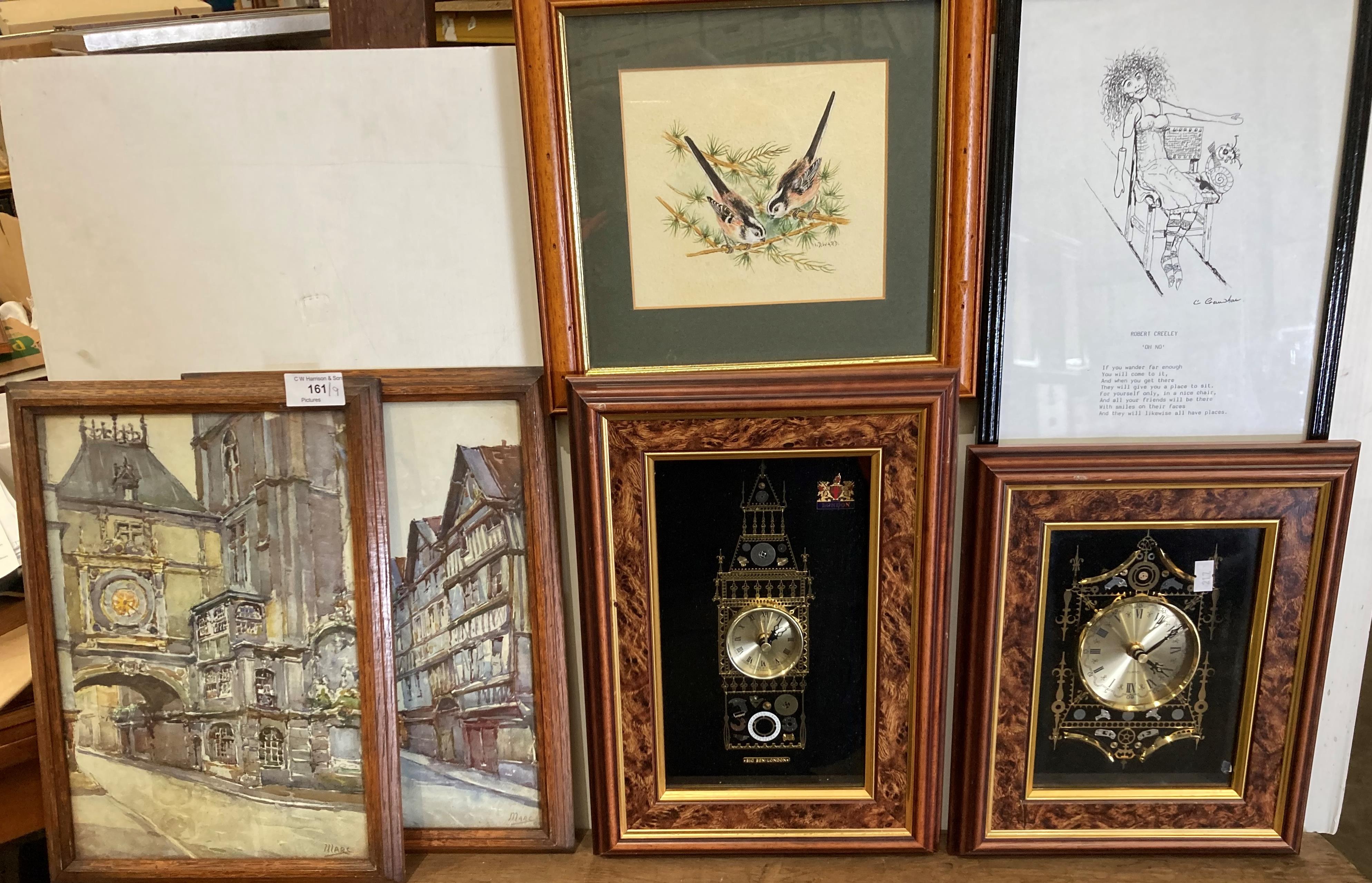 Contents to basket - two battery wall clocks and seven assorted pictures and prints (9) (Saleroom - Image 2 of 5