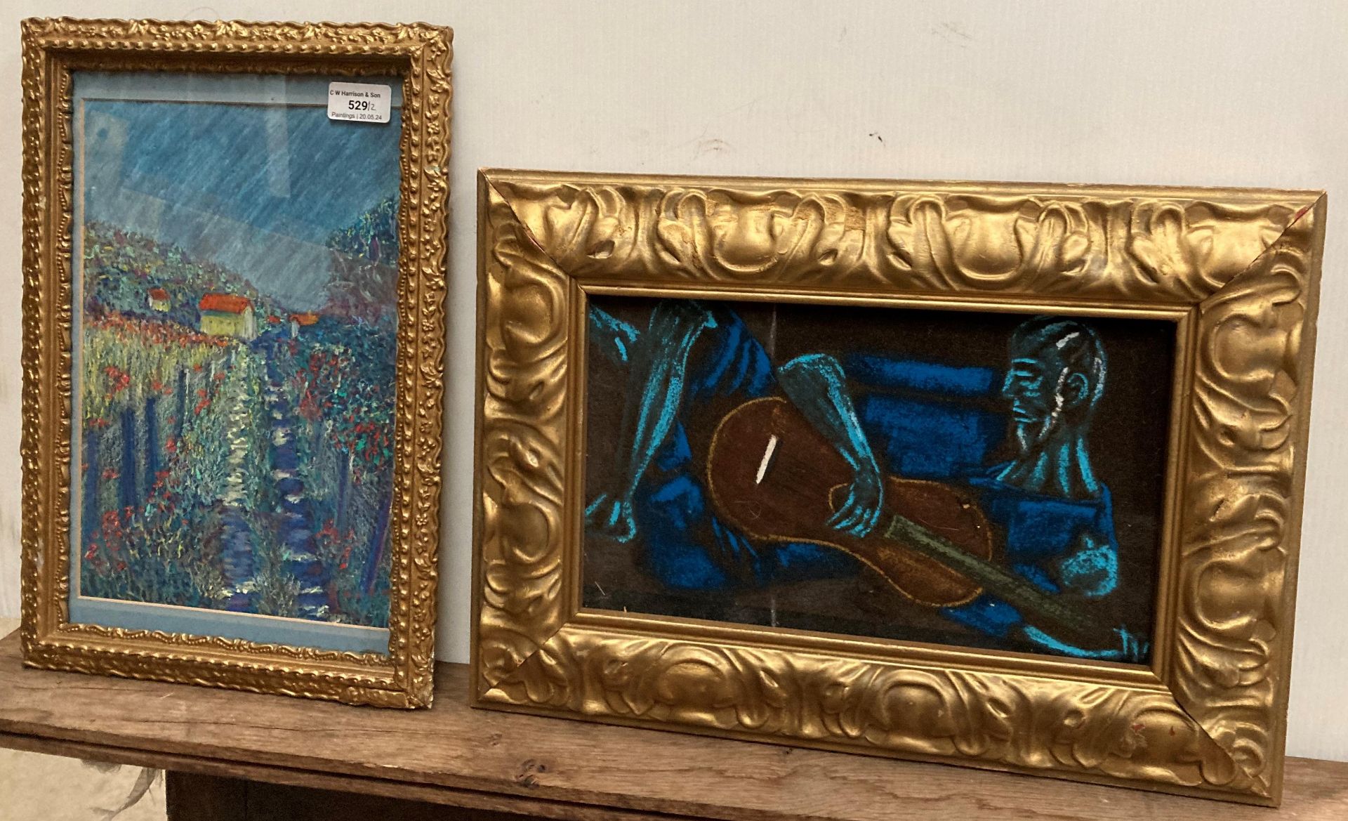 A small gilt framed watercolour in the style of Monet 31cm x 20cm and a gilt framed painting on