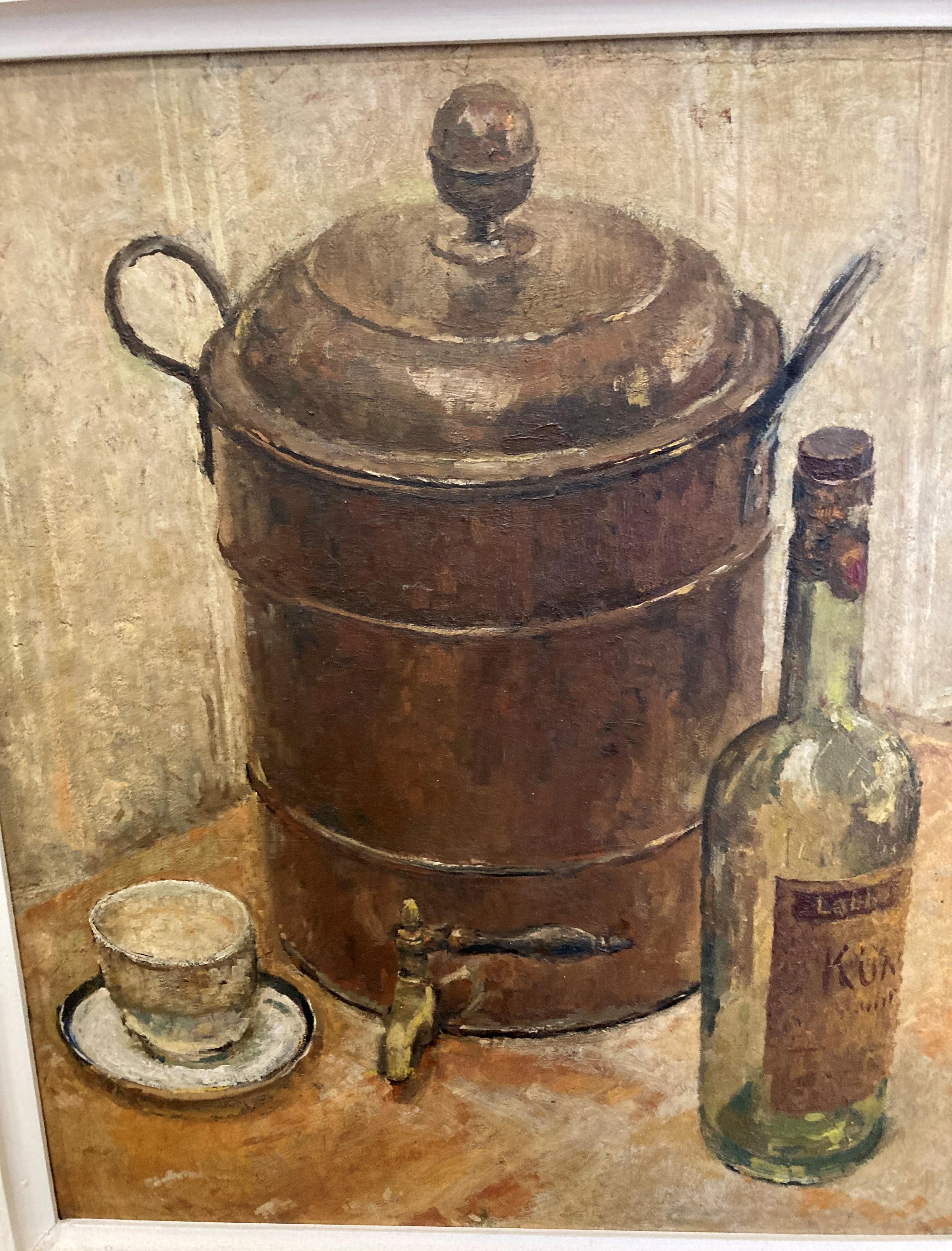 Unsigned oil on board 'Copper Tea Urn', in white painted frame, - Image 2 of 2