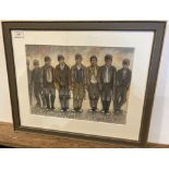 † Pete Endean framed pastel and watercolour 'Miners on the way to work',