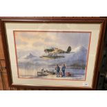 David Clarke, framed watercolour, 2nd World War German flying boat landing on a fiord,