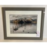 Large framed print of Derwent Water in wooden frame,