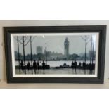 Gray print 'Morning London Thames & Houses of Parliament' in a dark wood frame,