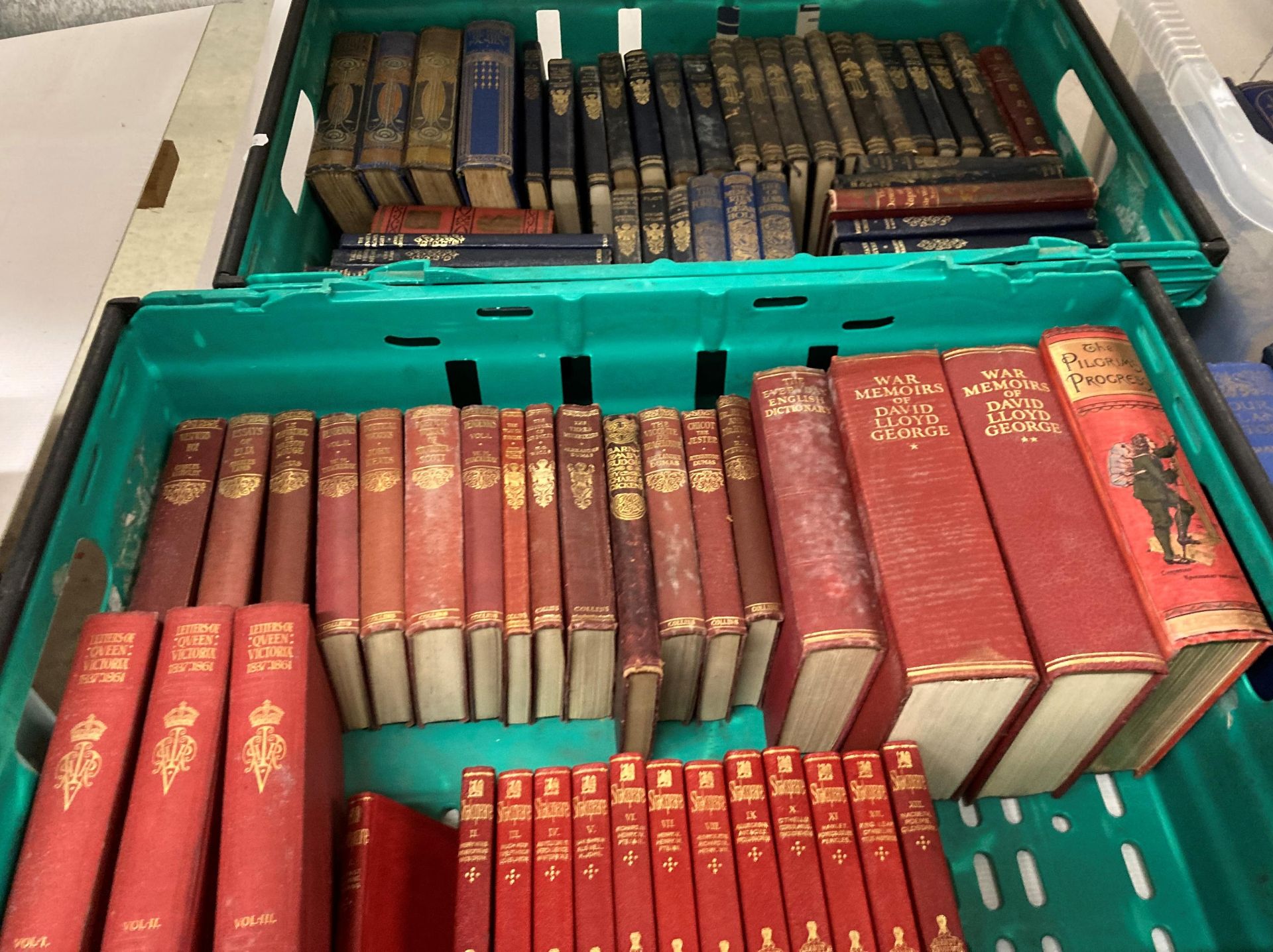 Contents to two green crates - approximately seventy-five books - mainly Late 19th Century and