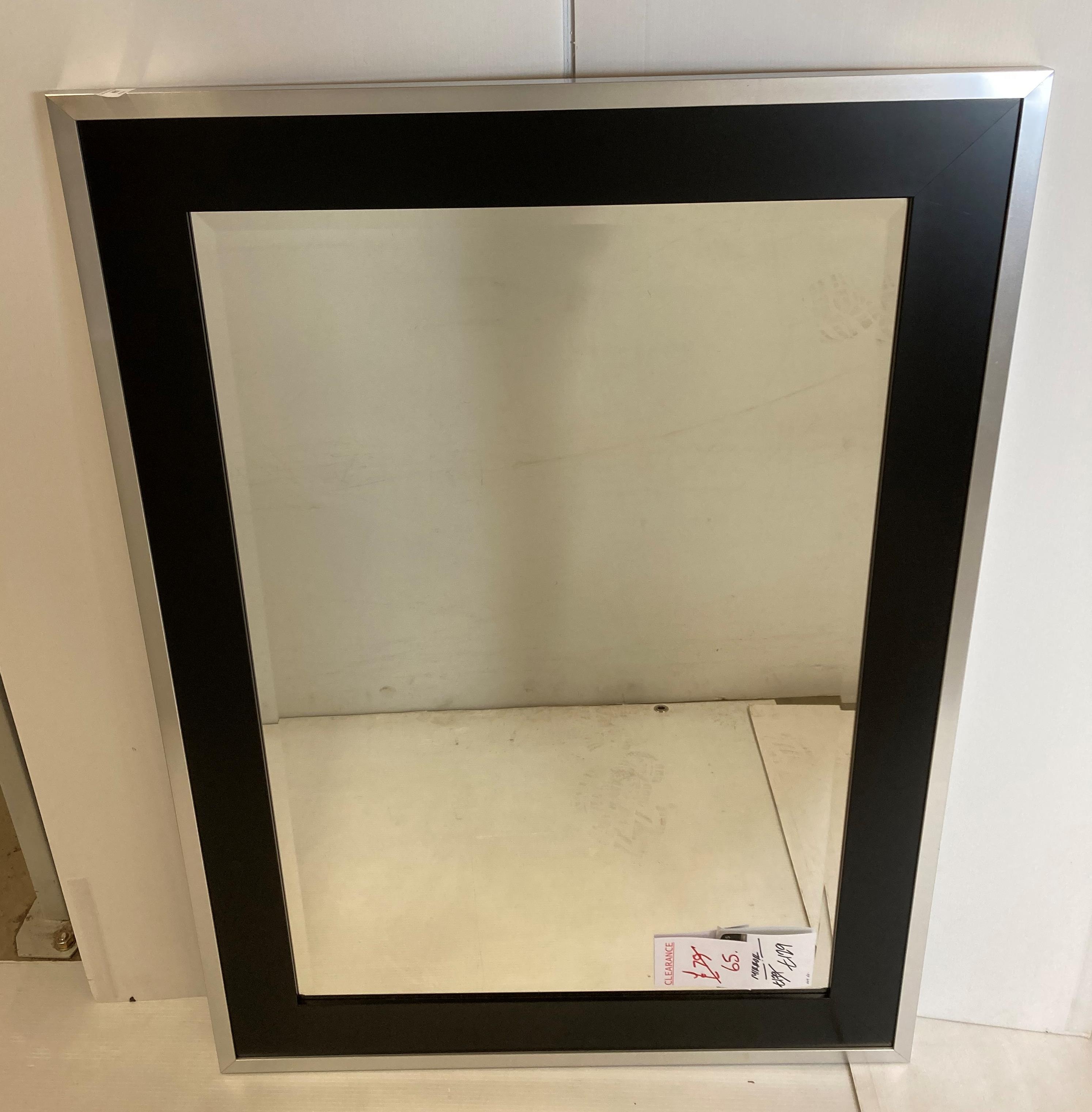 Rectangular wall mirror with bevelled edge in aluminium and dark wood frame,