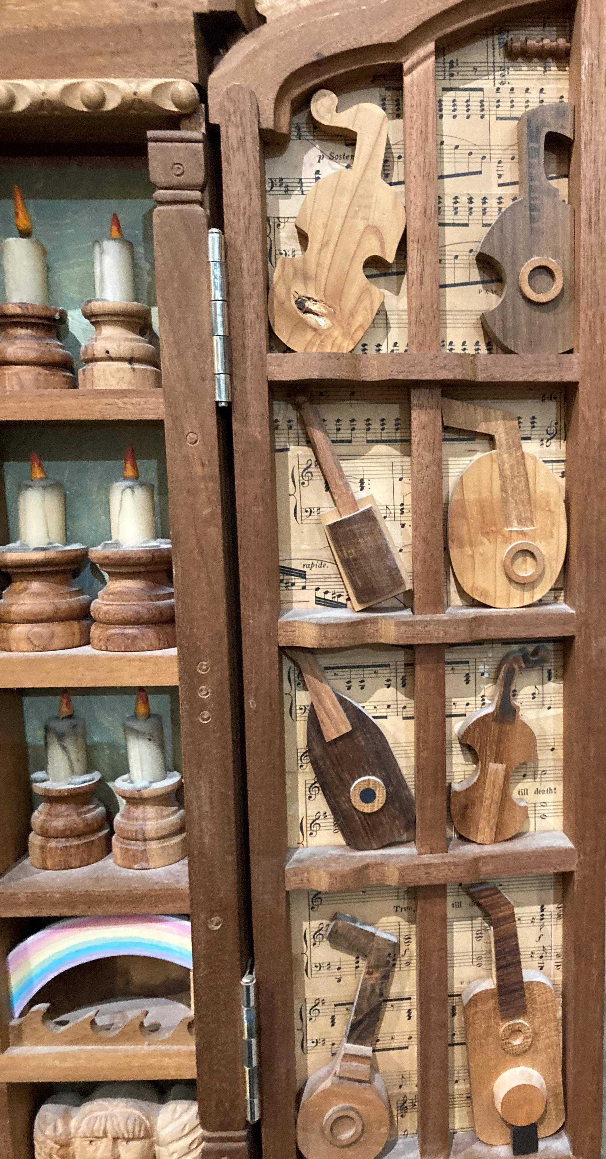 A wooden musical and candle display in wood case with folding doors, 96cm x 80cm when open, - Image 2 of 7