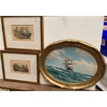 An oil of a seascape on board in gilt oval frame 30cm x 38cm and a pair of 19th Century engravings