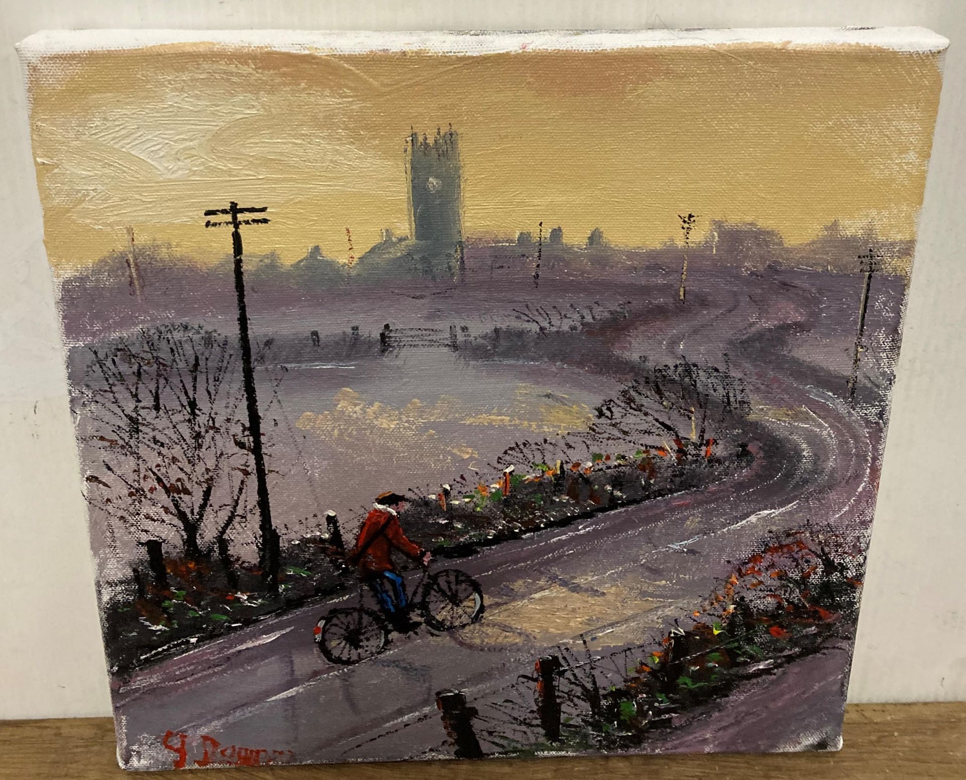 † James Downie oil on canvas 'Bike Ride in The Countryside' 30cm x 30cm, - Image 3 of 4