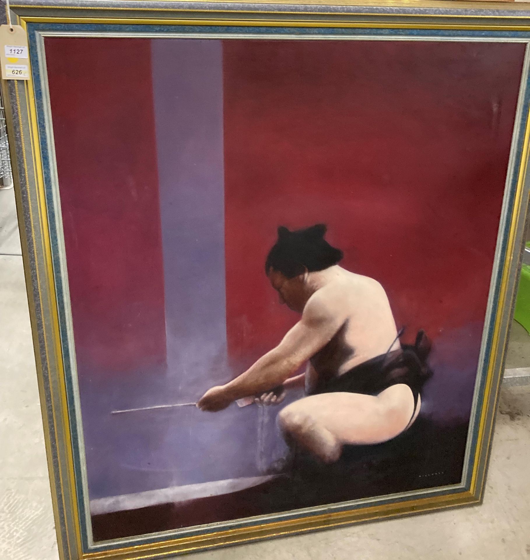 † Charles Willmott (1990) large framed oil on canvas 'Study of Sumo Wrestlers - Receiving Power