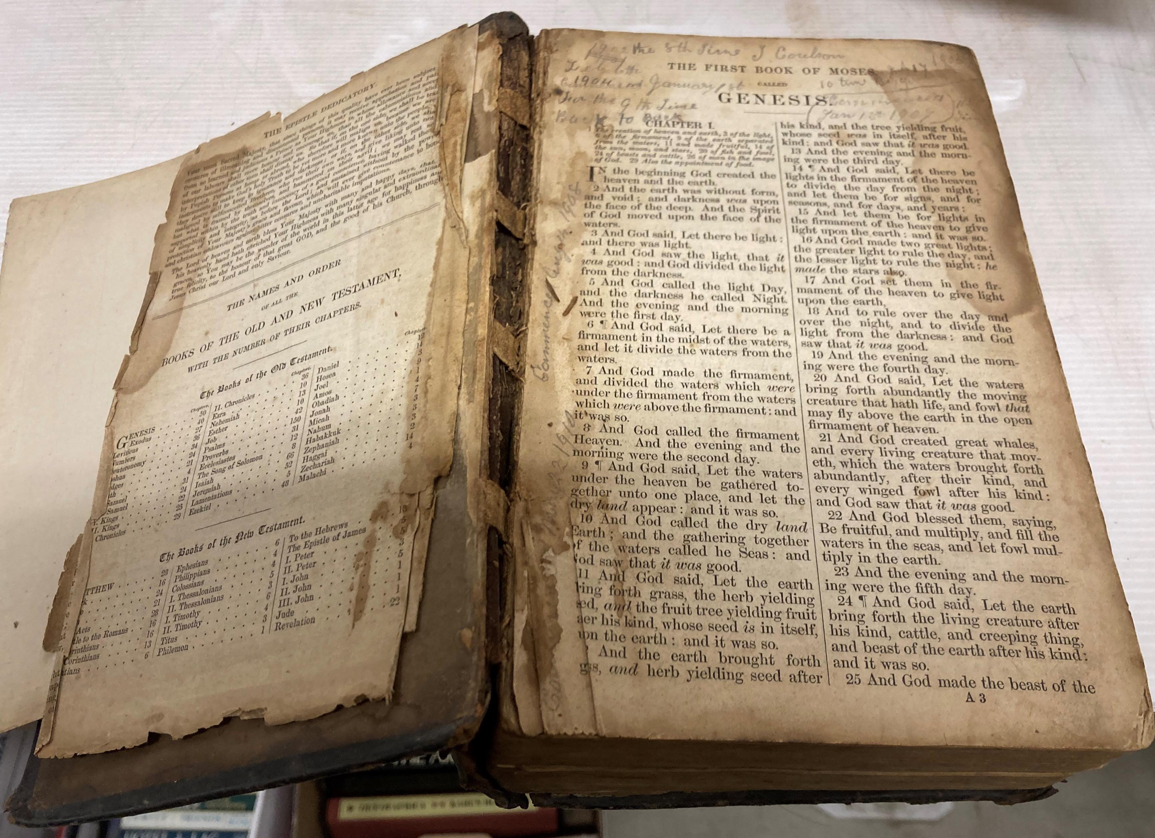 An old copy of the Holy Bible in poor condition (Saleroom location: H08) - Image 6 of 6