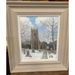† Malcolm Jones, 'Thornhill Parish Church in Winter', framed oil on board, dated 2008, 32cm x 35cm,