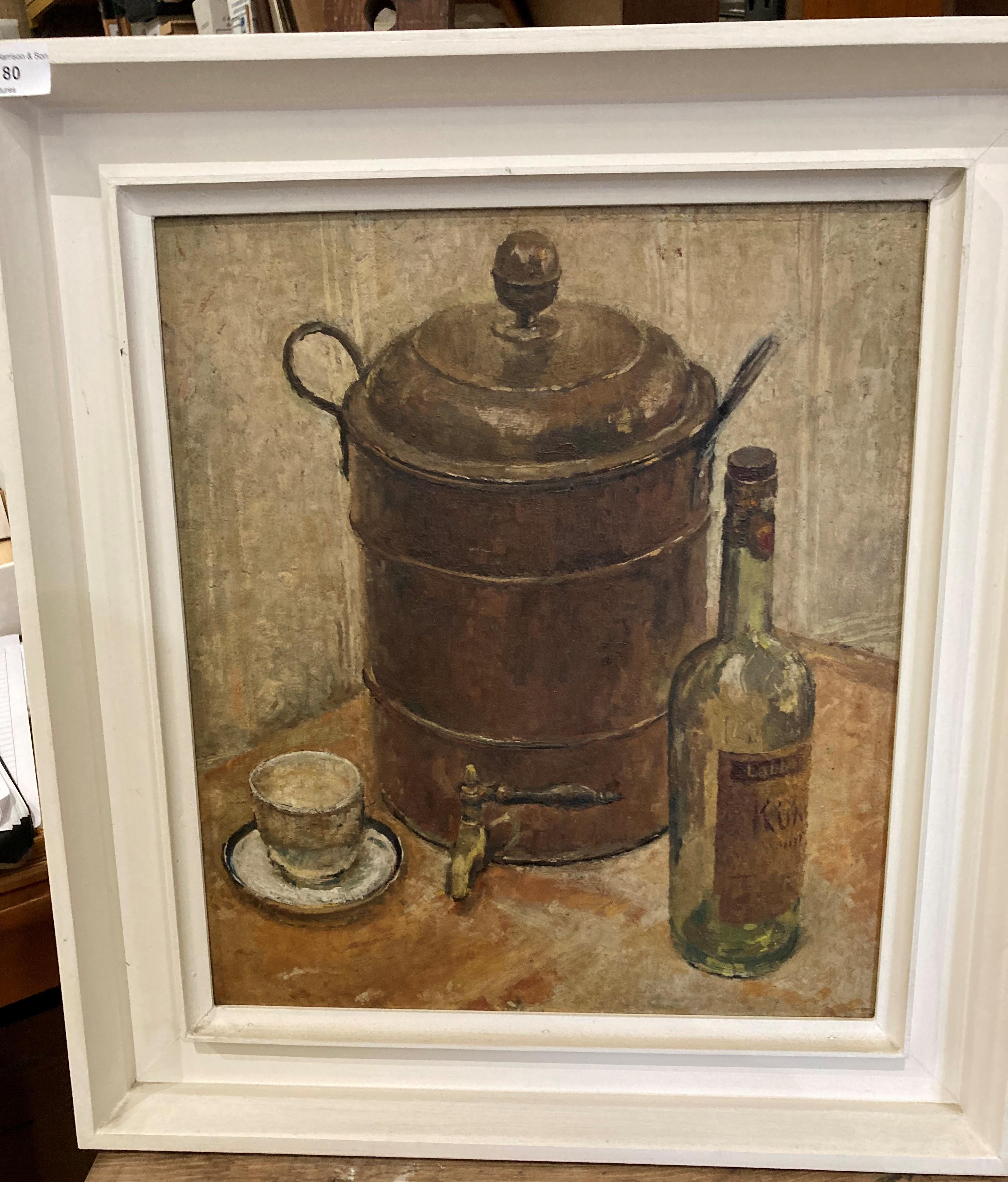 Unsigned oil on board 'Copper Tea Urn', in white painted frame,
