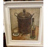 Unsigned oil on board 'Copper Tea Urn', in white painted frame,