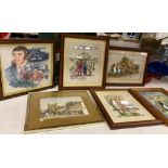 Contents to red plastic box - assorted framed tapestries and pictures (3) (Saleroom location: J08)