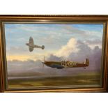 † B G Price (Barry Price) framed oil on canvas 'Spitfires MK 1s 19 Squadron 1940' 50cm x 75cm,