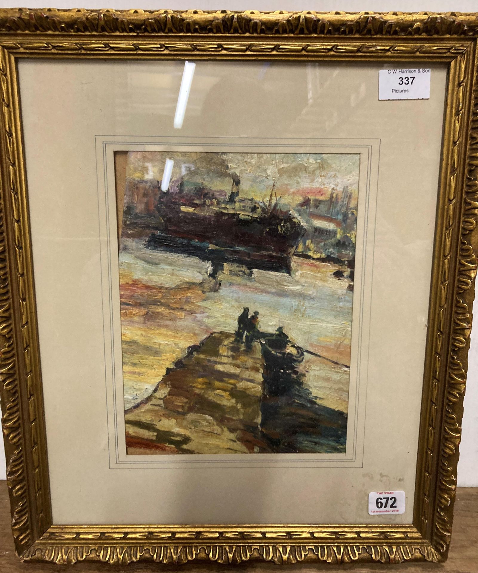 Oil on board in gilt frame 'Dockyard Scene' 30cm x 23cm unsigned (loose in frame) (Saleroom