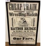 Small framed poster 'Cheap Train - Wrestling Match' dated 1845, 33cm x 45cm,