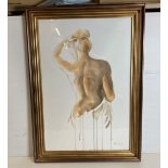 Framed print in wooden gilded frame of woman bathing,