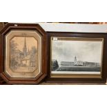 Two items, framed black and white print 'The Sth Et View of St John's Church Buildings,