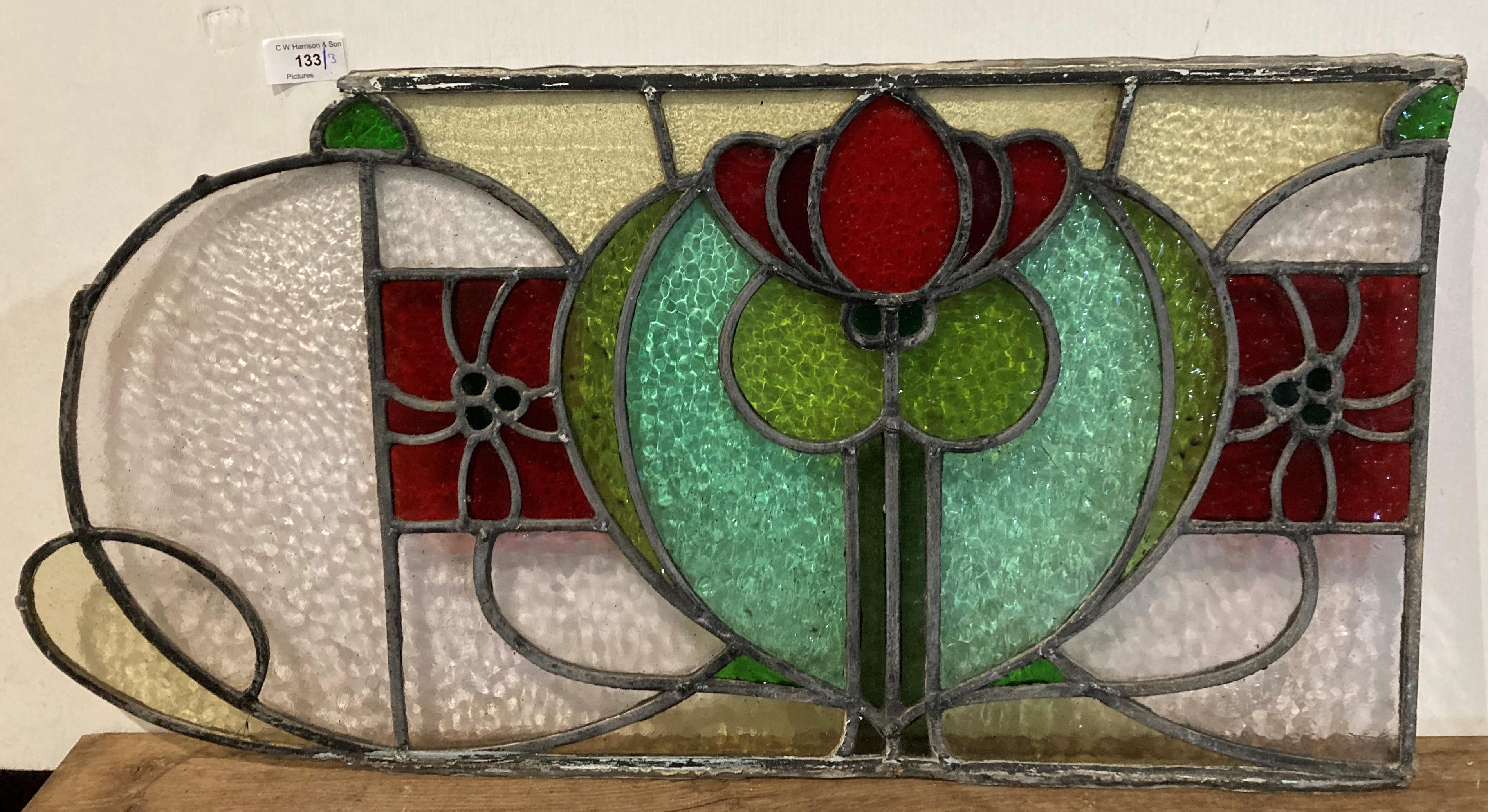 Three leaded and stained glass window sections, two 32cm x 54cm, - Image 5 of 9