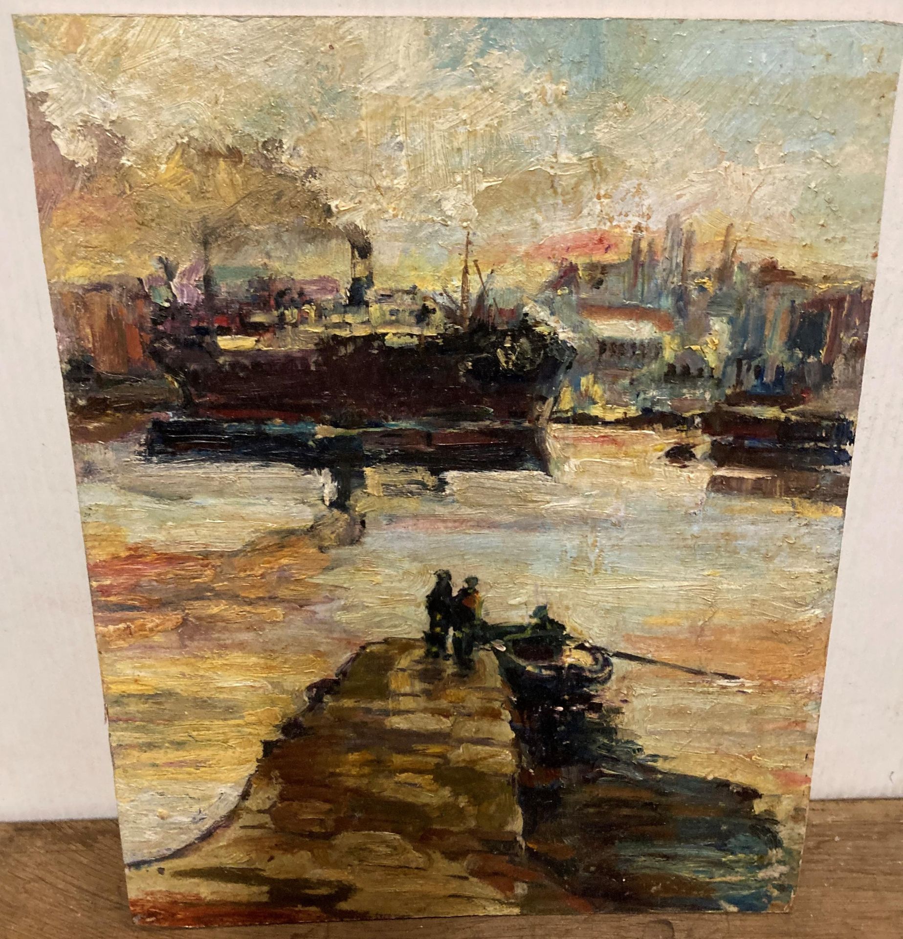 Oil on board in gilt frame 'Dockyard Scene' 30cm x 23cm unsigned (loose in frame) (Saleroom - Image 3 of 3