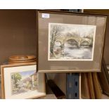 † Nancy Dyson small framed watercolour 'River Fishing' 20cm x 27cm signed to bottom right and a