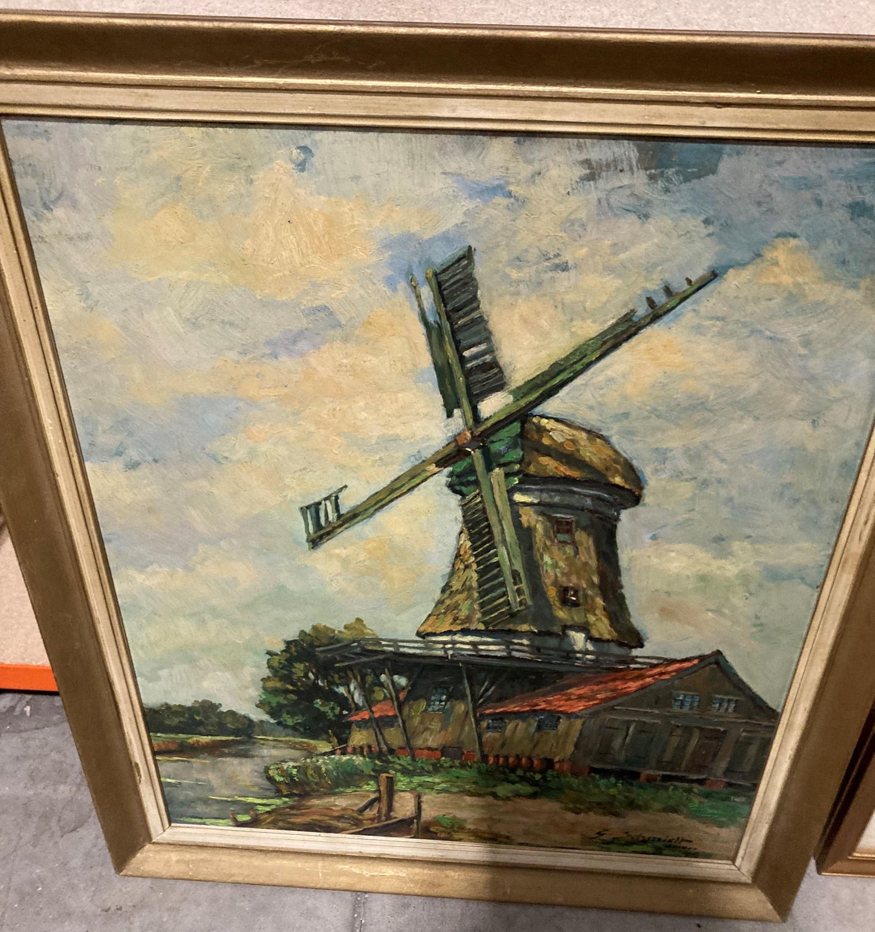 G Schmidt framed oil painting of a windmill 43cm x 35cm and E G Heddon framed watercolour 'Vase of - Image 2 of 3