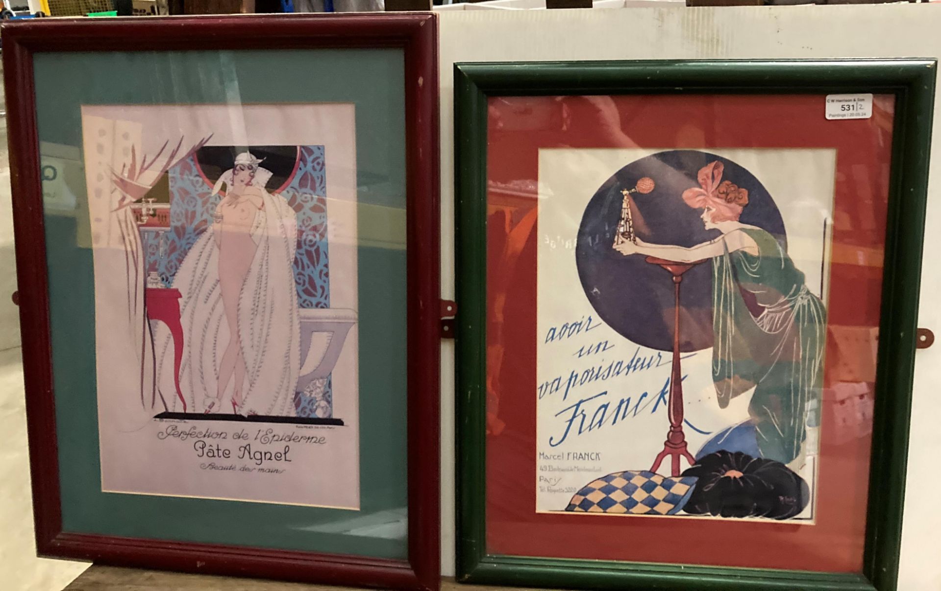 Two framed reproduction adverts for French perfume 'Pate Agnel' 40cm x 26cm and 'Marcel Franck'