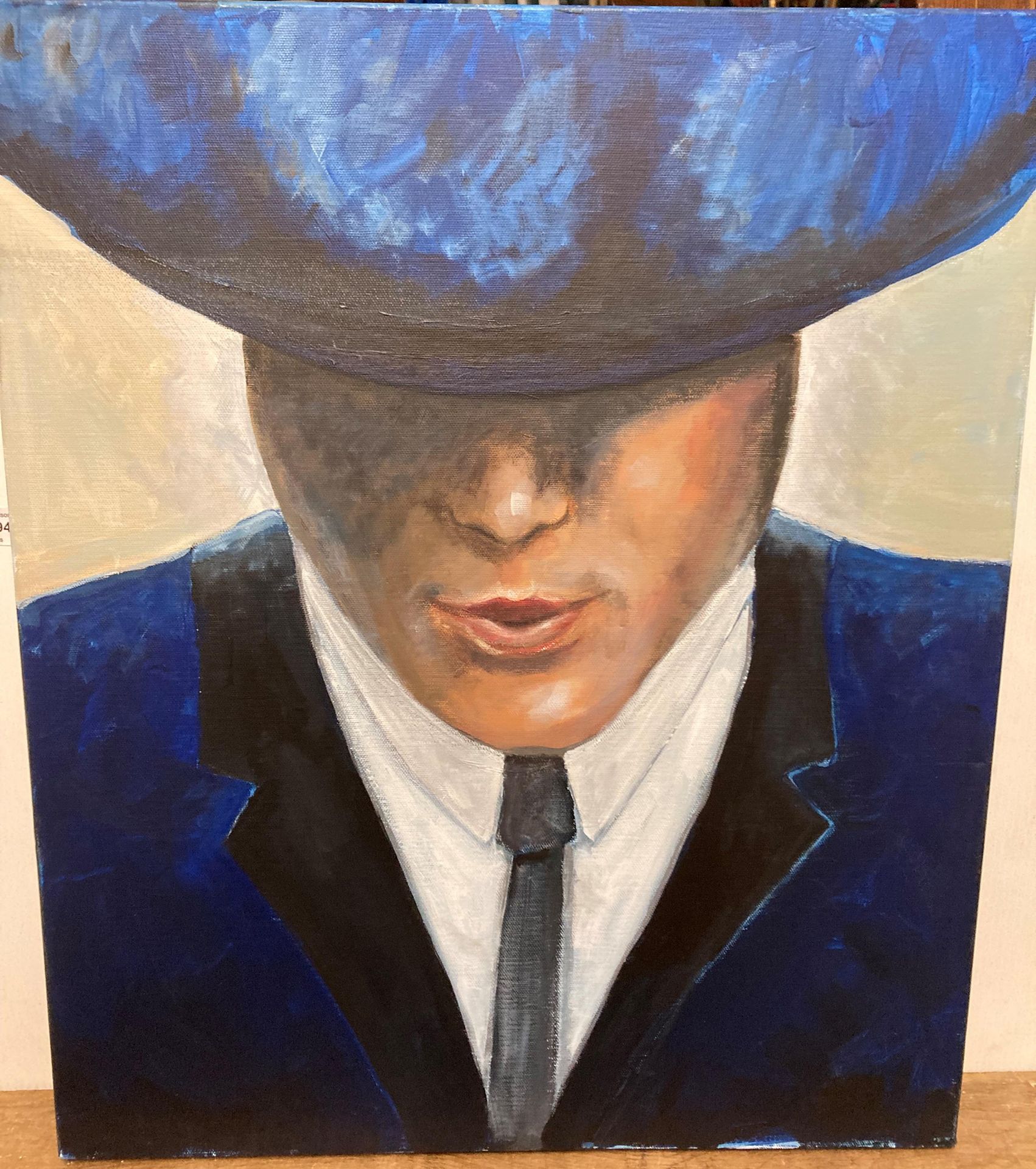 Unsigned oil on canvas 'Man in Cap & Blue Jacket' 60cm x 50cm (Saleroom location: Z01)