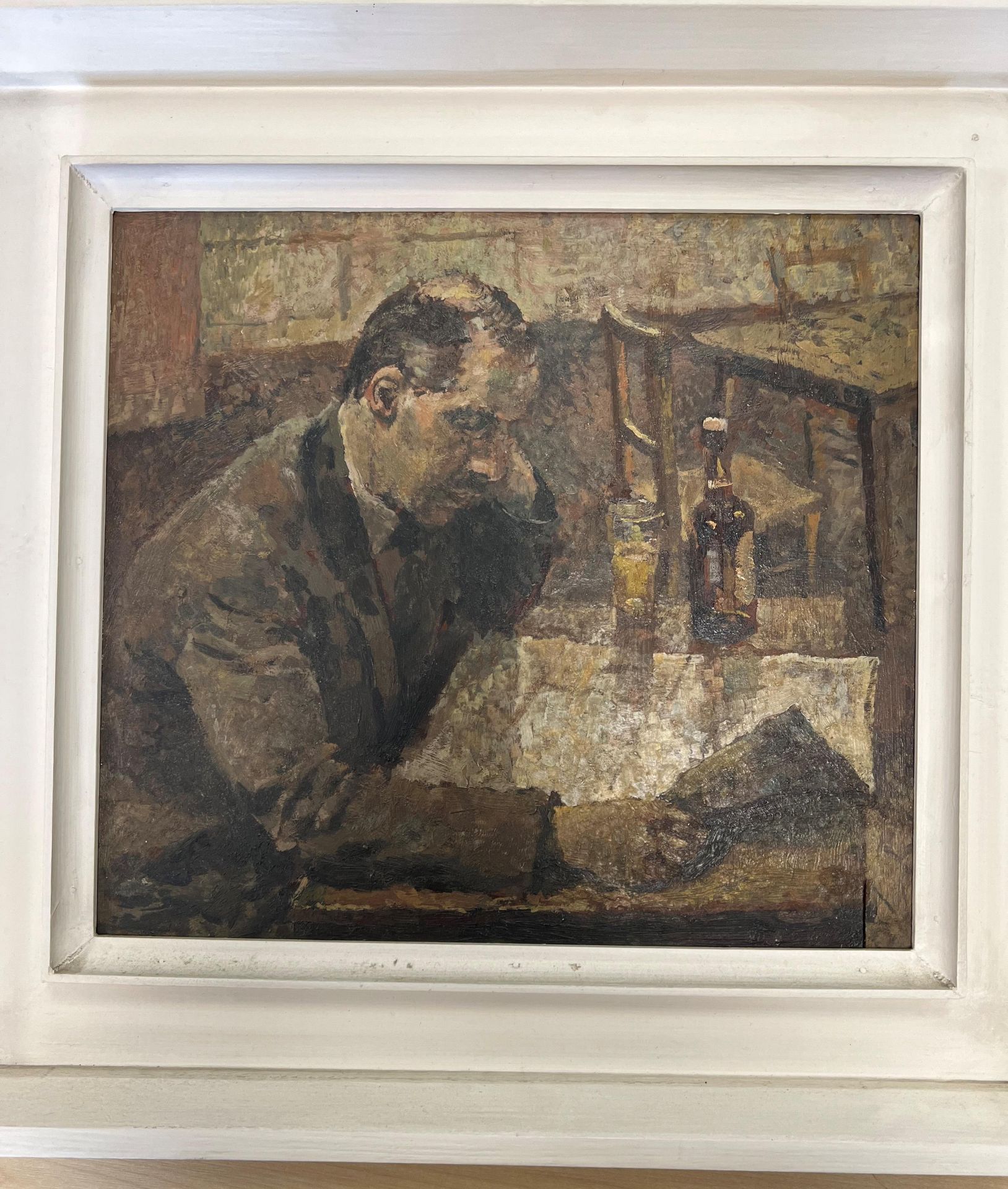 Unsigned, framed oil on board 'Man reading a newspaper in a pub', - Image 3 of 13