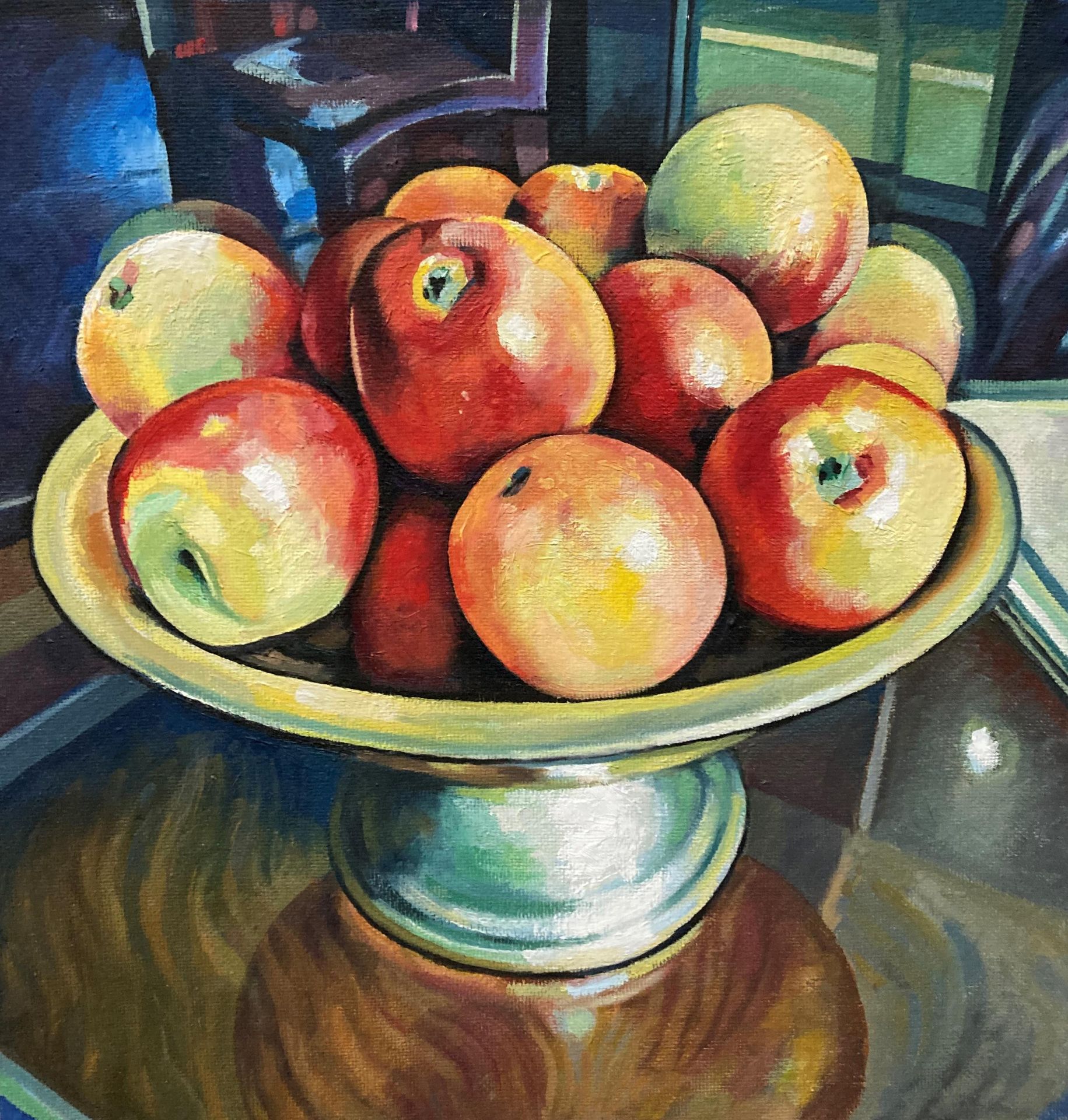 Unsigned, oil on board in white-painted frame 'Apples in a Bowl', - Image 2 of 2
