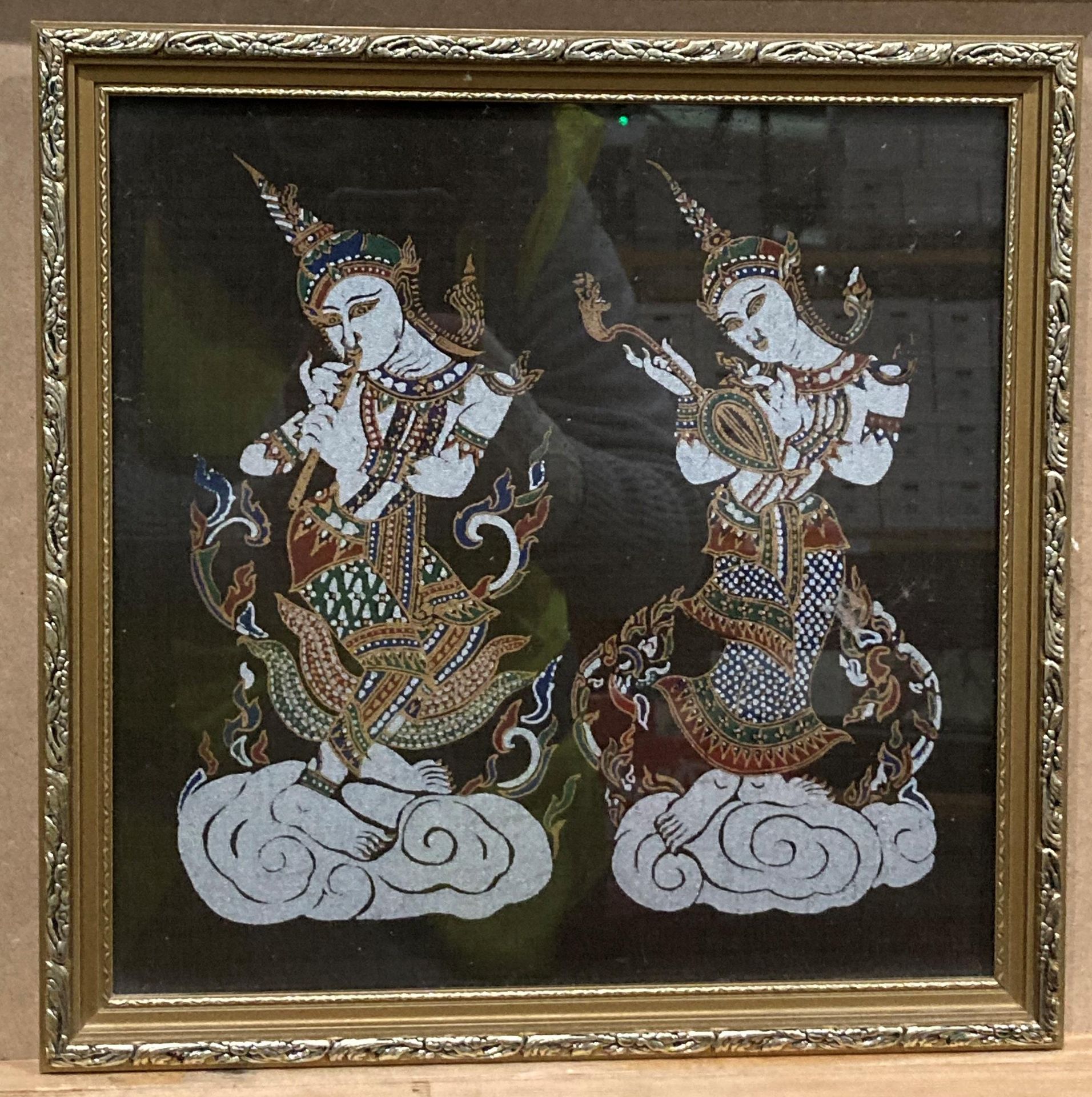 Two silk finish framed oriental prints, each 45cm x 42cm and four matching smaller prints, - Image 7 of 8