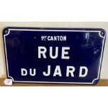 Blue and white painted enamel sign 1er Canton Rue de Jard,