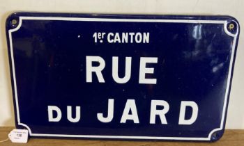 Blue and white painted enamel sign 1er Canton Rue de Jard,