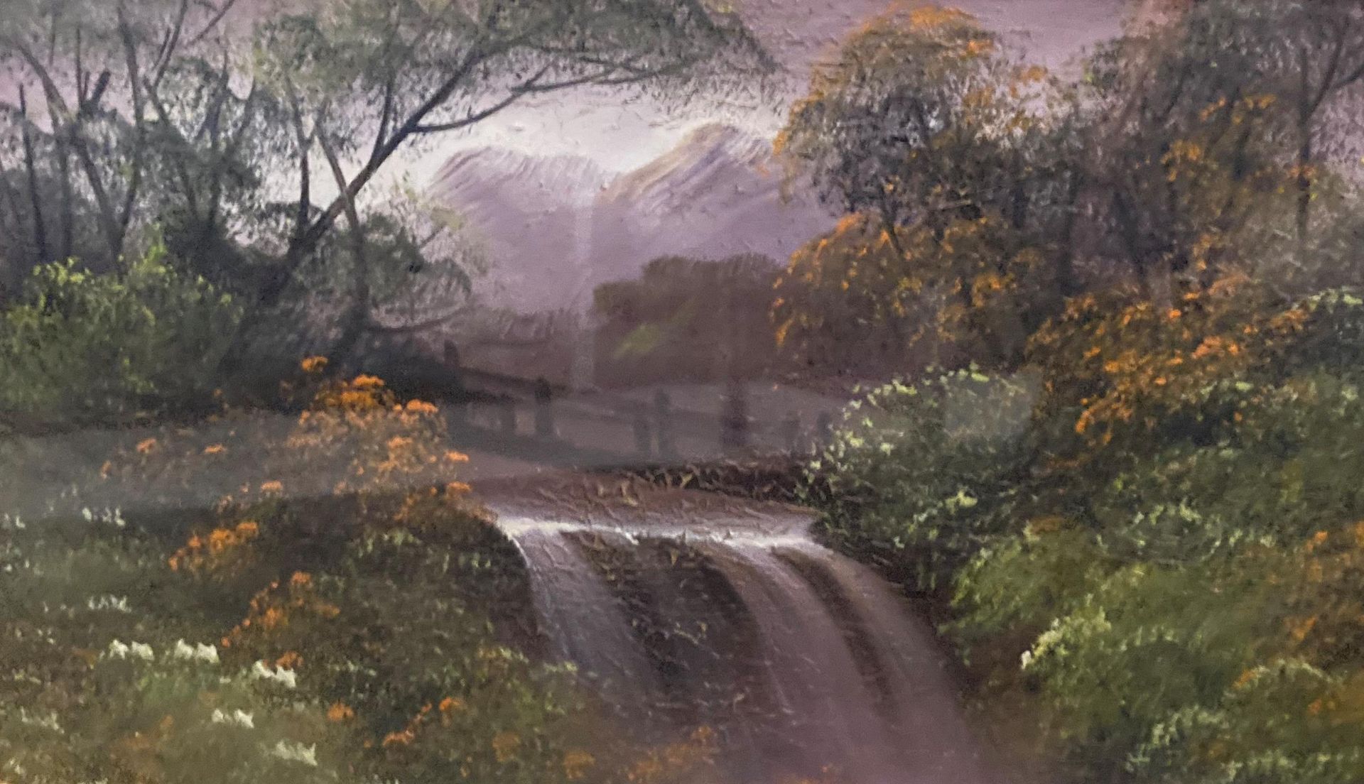 A pair of gilt framed watercolours - 'Oriental Waterfall' and 'Oriental Lake', - Image 3 of 3