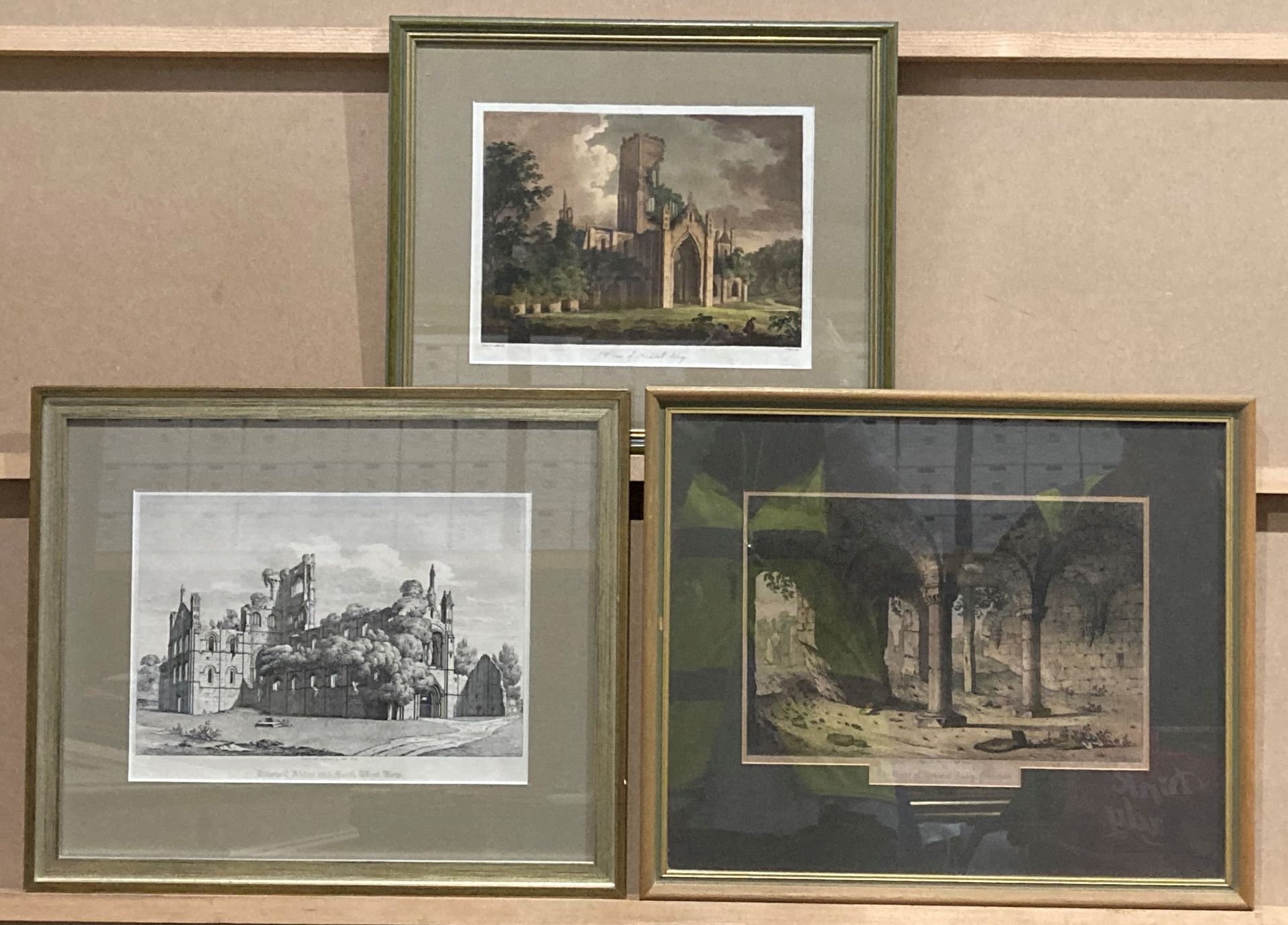 Three framed prints relating to Kirkstall Abbey, 'S E View of Kirkstall Abbey', 22cm x 27cm,