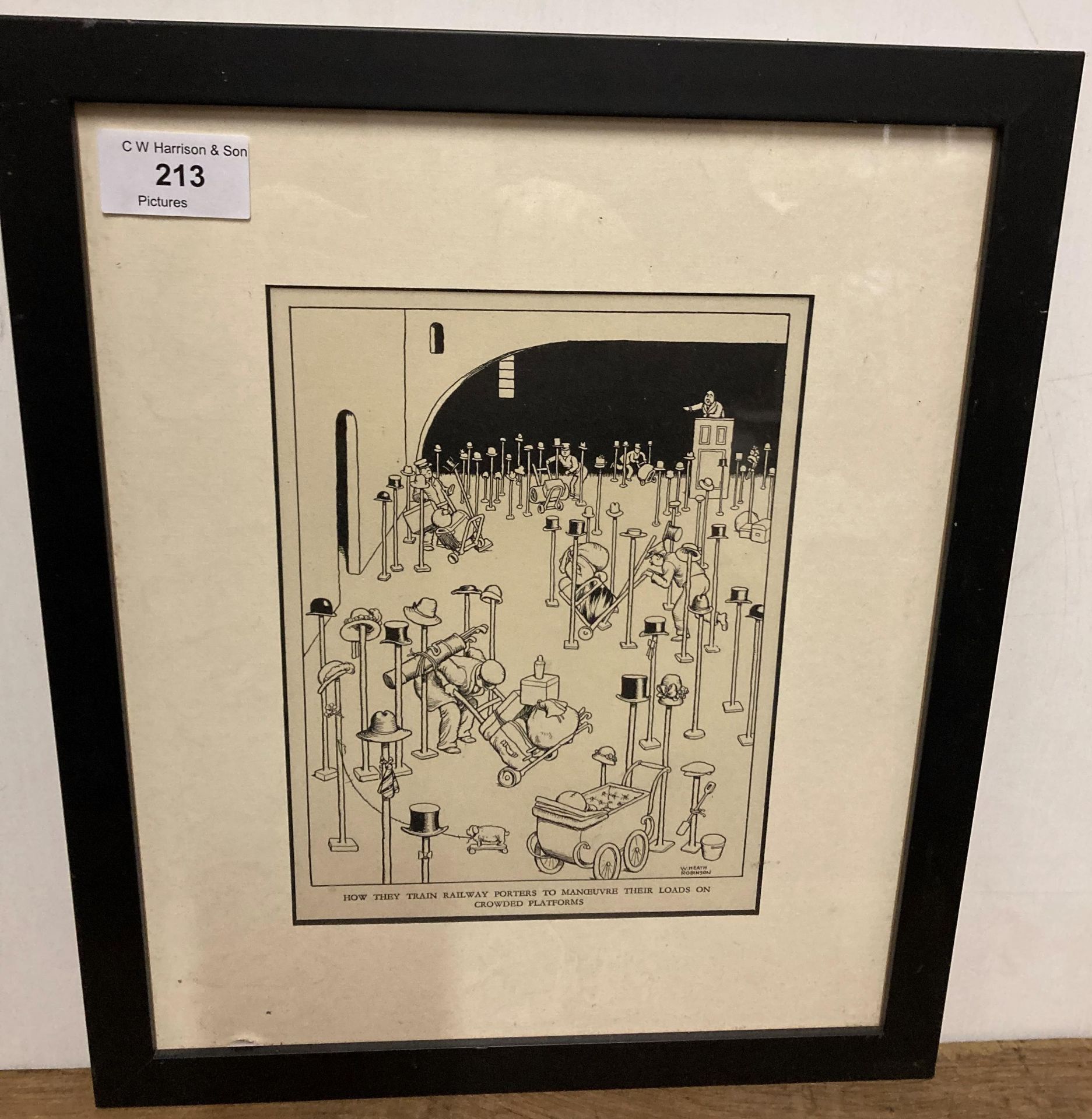 W Heath Robinson (1872-1944) small framed print 'Railway Ribaldry' 21cm x 15cm (Saleroom location: