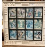 A white framed wood calendar display based on Eugène Grasset's 'La Belle Gardiniere 1896',